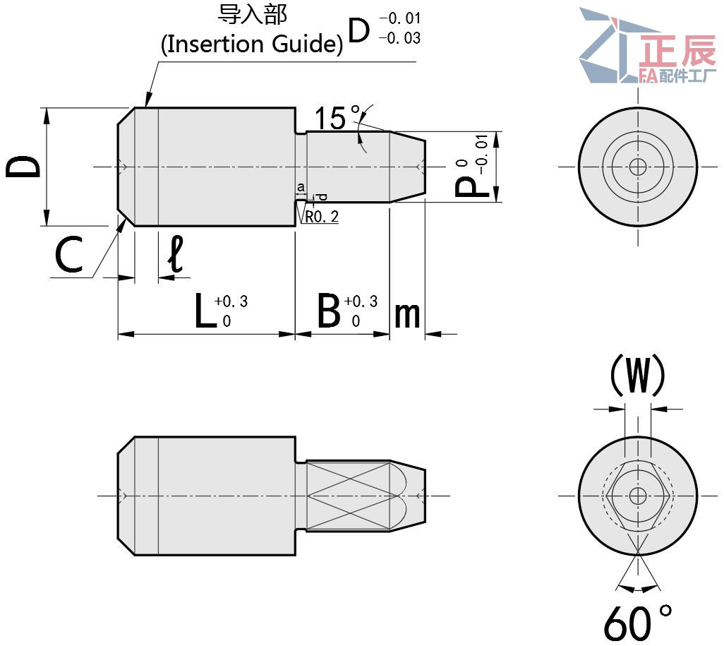 Small Head Locating Pin Round/Diamond Head Tapered Tip Straight Shank P/L/B Configurable JPSB