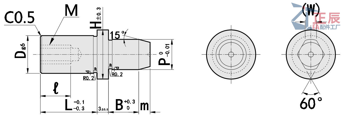 Shoulder Locating Pin Round/Diamond Head Tapered Tip Tapped Shank JPUB