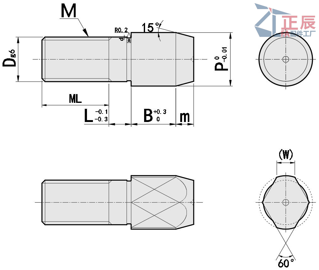 Large Head Locating Pin Round Diamond Head Tapered Tip Threaded JPNBB